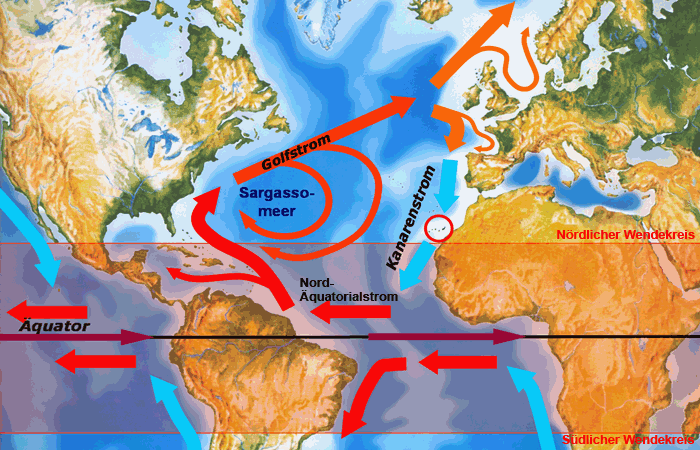 Karte: Nordäquatorialstrom, Golfstrom, Kanarenstrom